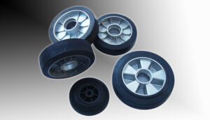 Rubber wheels on an aluminum insert are a type of wheel assembly commonly used in various applications