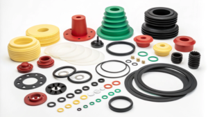 A diverse collection of rubber and plastic industrial components, including gaskets, seals, and bellows.