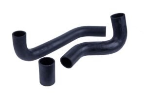 Rubber radiator and intake hoses, black flexible automotive tubes with 90-degree bends, coolant and air flow connection parts, shown on white background.