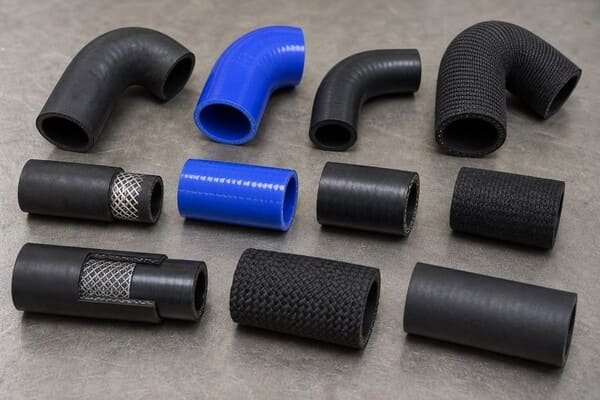 Automotive rubber hose materials, showing EPDM, NBR, silicone, and CR hose sections with smooth and reinforced construction types