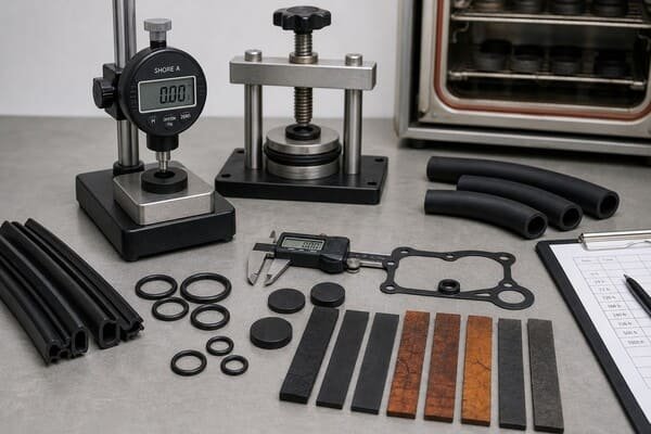 Automotive rubber parts testing setup, showing hardness measurement, compression set fixtures, heat aging oven, and rubber sample inspection