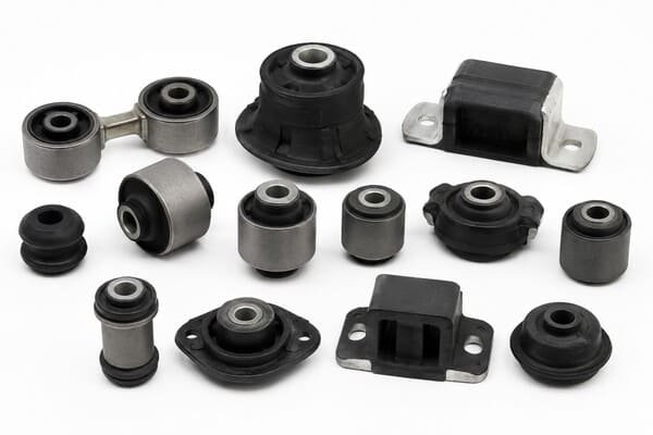 Automotive suspension bushing and vibration control rubber parts, showing bonded bushings, mounts, and isolation components for chassis systems