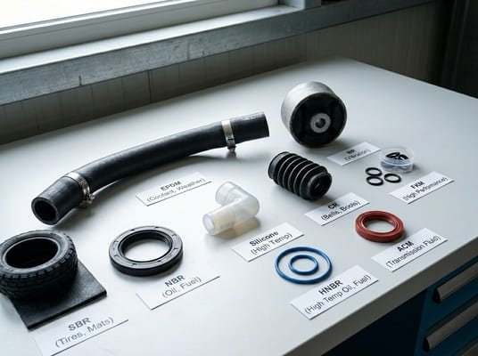 Common automotive rubber materials for seals, hoses, and vibration parts, showing EPDM, NBR, silicone, CR, HNBR, FKM, and ACM examples