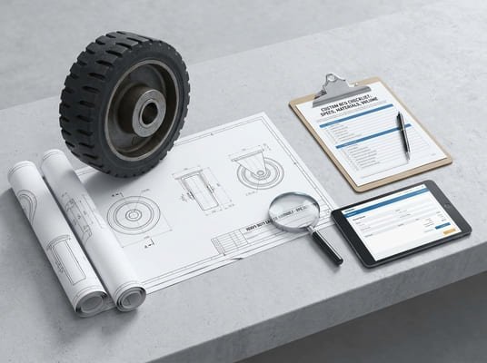 Caster wheel engineering, rubber wheel on technical drawings, tablet and checklist, inspecting industrial wheel design.