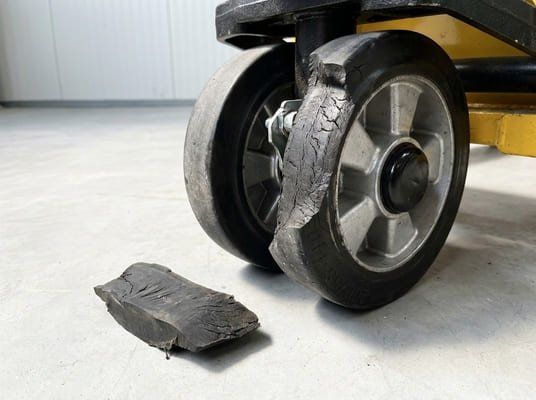 Damaged caster wheel, cracked rubber tread peeling from industrial cart, concrete floor, showing wheel wear failure.