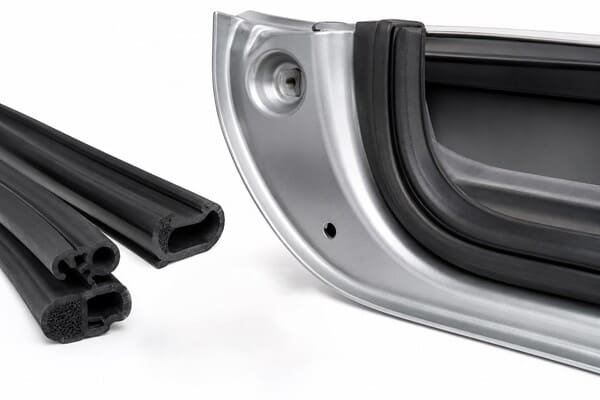 EPDM automotive weatherstrips and door rubber seals, showing extruded sealing profiles and an installed vehicle door perimeter seal