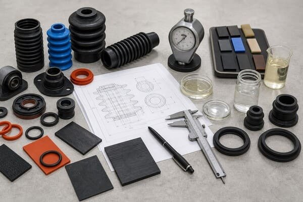 How engineers choose automotive rubber materials, using drawings, hardness testing, fluid exposure checks, dimensions, and sample comparison