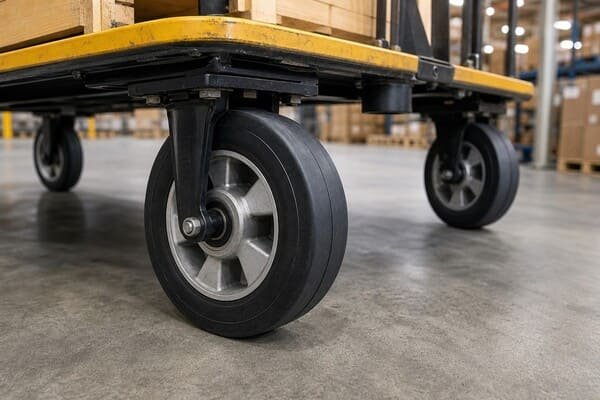Close-up of solid rubber wheels with aluminum hub mounted on a yellow warehouse platform trolley on concrete floor