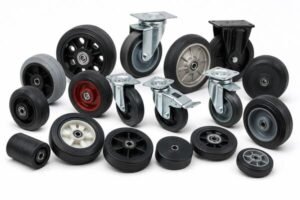 Various industrial rubber casters and wheels including swivel casters, fixed casters, and rubber rollers for material handling equipment