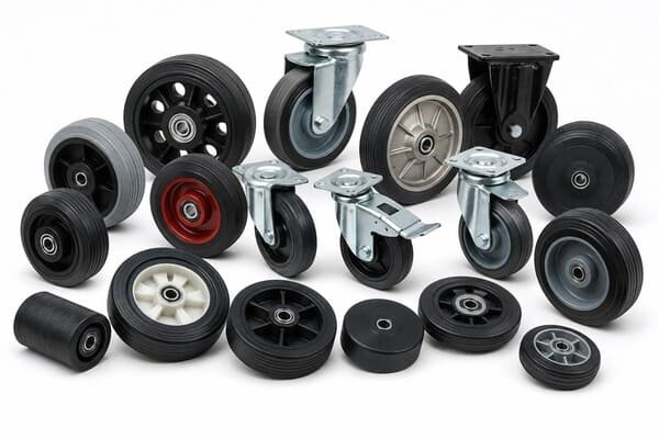 Various industrial rubber casters and wheels including swivel casters, fixed casters, and rubber rollers for material handling equipment