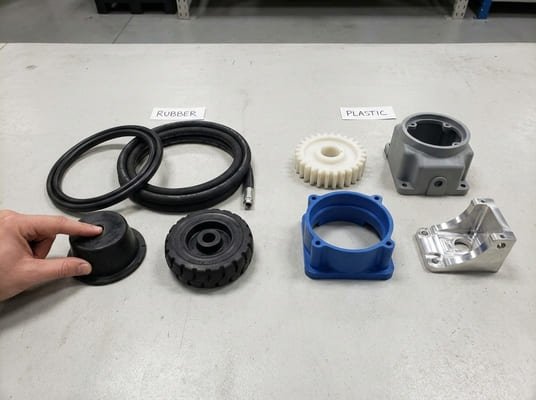 Rubber and plastic parts comparison, hand pressing rubber mount beside hoses, wheel and machined plastic parts.