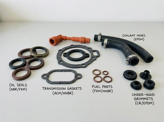 Rubber materials for engine, fuel, and transmission parts, showing oil seals, coolant hoses, fuel seals, gaskets, and under-hood grommets