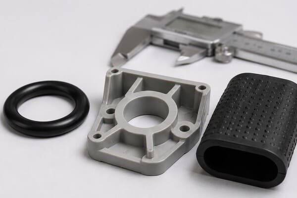 Rubber ,TPE, and plastic industrial parts, black O-ring, molded housing and flexible sleeve checked with caliper.