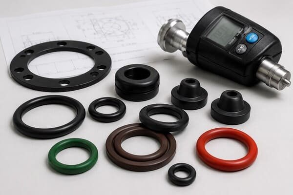 Rubber seal selection, O-rings and gaskets displayed with technical drawing and digital measuring device.