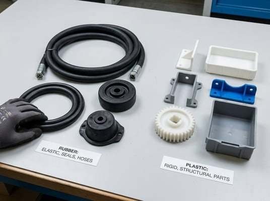 Rubber vs plastic application comparison, hoses, seals and wheels shown beside rigid structural plastic parts.