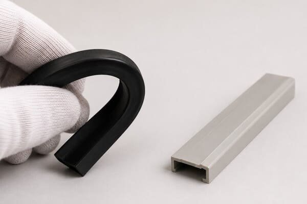 Flexible rubber profile vs rigid plastic channel, hand bending black rubber beside stable plastic extrusion.