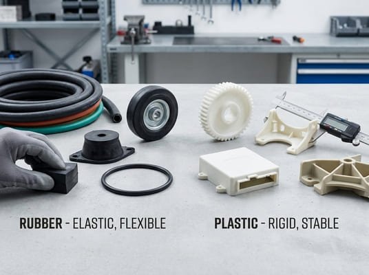 Rubber vs plastic material comparison, workshop table with hoses, seals, wheels and rigid molded plastic parts.