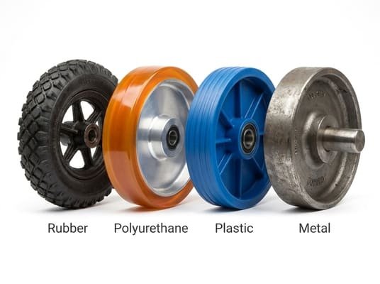Industrial wheel materials, rubber polyurethane plastic and metal wheels, white background, compared by type.