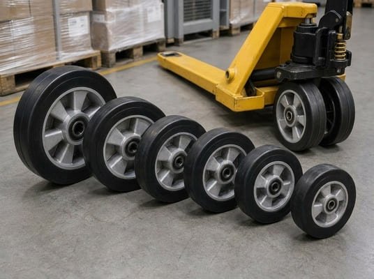 Set of solid rubber wheels with aluminum core in graduated sizes, suitable for pallet trucks and warehouse forklifts