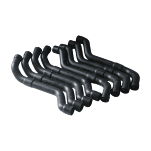 Rubber hoses, multiple black bent tubes arranged in parallel, automotive or industrial coolant and fluid transfer applications.