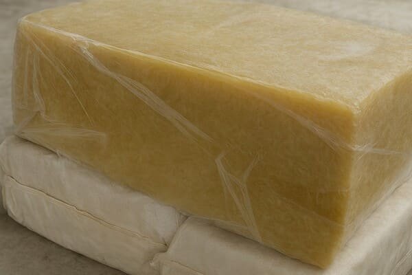 Natural rubber block, raw yellowish material stacked on wrapped white rubber sheets, used in industrial rubber product manufacturing.