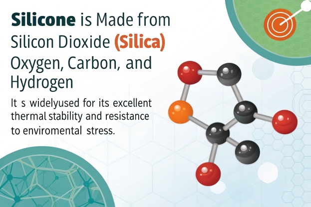 Silicone is a synthetic polymer made from [silicon dioxide]oxygen, carbon, and hydrogen.