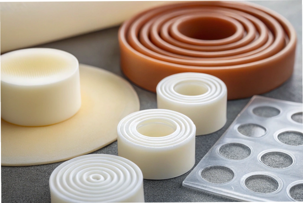 Silicone elastomer parts for industrial applications, showcasing precise molding and durability.