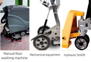 An image showcasing various applications of rubber wheels, including an electrical equipment cabinet, a manual floor washing machine, mechanical equipment, and a hydraulic forklift, highlighting their versatility in industrial and commercial use.