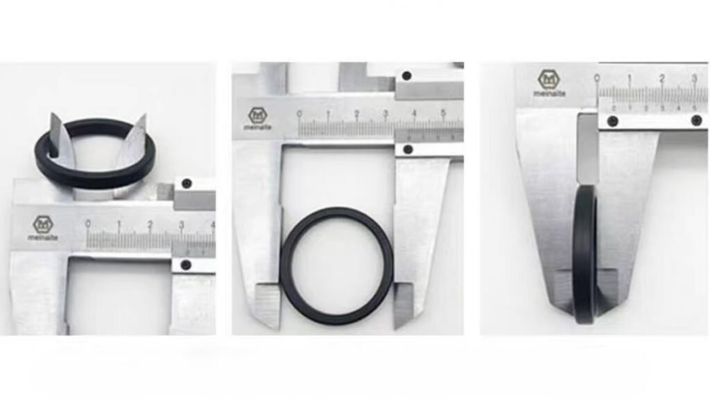 Rubber seal ring, metric vernier calipers measuring OD, ID and thickness, quality inspection on white background for custom molded parts.