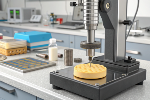 Laboratory equipment for testing rubber hardness with precision tools and samples.