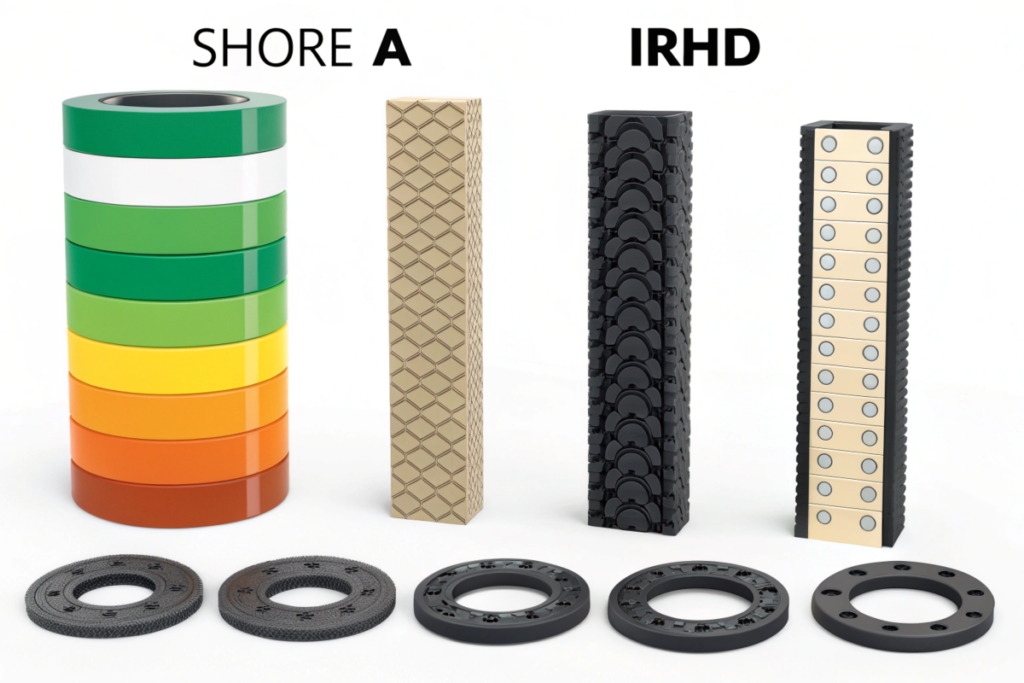 Comparison of Shore A and IRHD hardness scales for rubber material testing.
