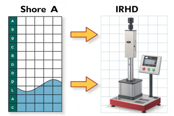 Visual comparison of Shore A and IRHD hardness scales with testing equipment.