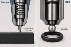 Shore A vs IRHD indenter comparison, tapered pin testing flat rubber and spherical ball testing a small O-ring specimen