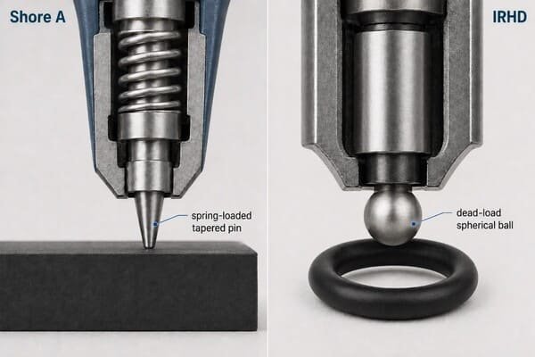 Shore A vs IRHD indenter comparison, tapered pin testing flat rubber and spherical ball testing a small O-ring specimen