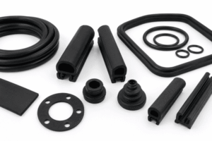 EPDM rubber seals, black profiles, O-rings, gaskets and molded plugs arranged for industrial sealing applications.