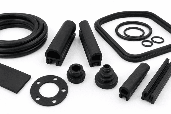 EPDM rubber seals, black profiles, O-rings, gaskets and molded plugs arranged for industrial sealing applications.