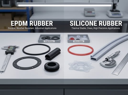 EPDM rubber vs silicone rubber comparison, industrial sealing parts, O-rings, profiles, and measuring tools displayed side by side