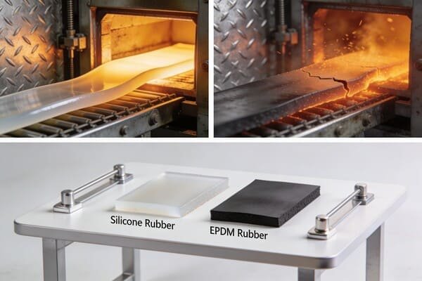 EPDM vs silicone rubber heat resistance comparison, silicone remains stable at high temperature while EPDM shows cracking after heat exposure
