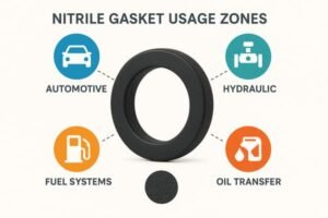 Nitrile NBR gasket usage zones, applied in automotive, hydraulic systems, fuel systems, and oil transfer for reliable sealing performance.