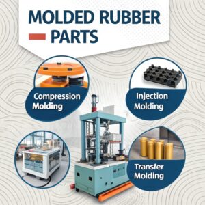 Molded rubber parts are made through compression molding, injection molding, and transfer molding