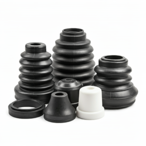 a selection of black and white molded rubber bellows parts