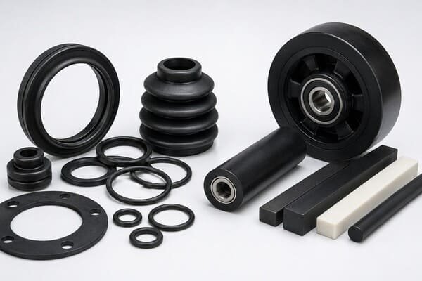 Rubber and rigid material product comparison, showing seals, bellows, rollers, rods, and plastic bars for different hardness applications