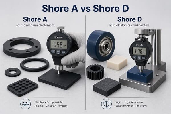 Shore A vs Shore D materials guide, comparing soft to medium elastomers with hard elastomers and plastics for different applications
