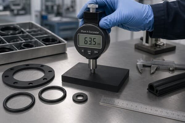Shore A durometer testing on a black rubber sample, with O-rings, gasket, extrusion profile, and measuring tools on a lab bench