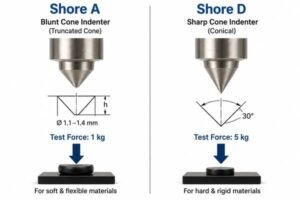 Shore A vs Shore D indenter diagram, showing blunt cone and sharp cone geometry, test force, and suitable material hardness ranges