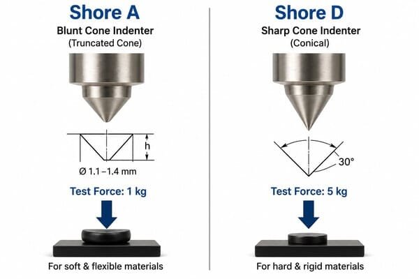 Shore A vs Shore D indenter diagram, showing blunt cone and sharp cone geometry, test force, and suitable material hardness ranges