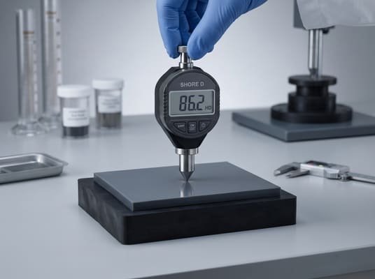 Shore D hardness testing process on a hard flat material sample, showing a digital durometer with conical indenter in a lab setting