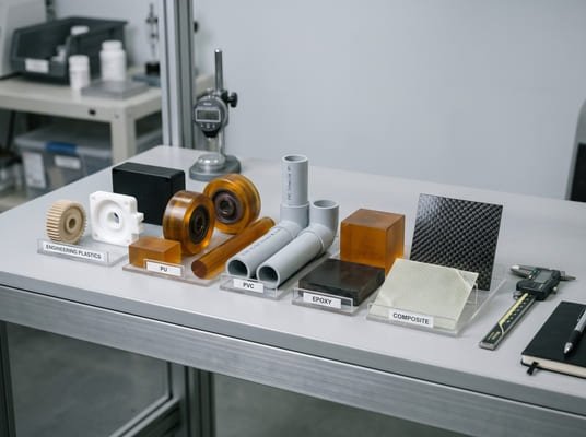 Shore D scale materials and hard plastic components, including engineering plastics, polyurethane wheels, PVC pipes, epoxy resin, and composite panels on a lab table