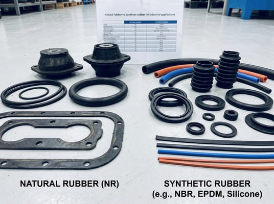 Natural rubber vs synthetic rubber for industrial applications, comparing NR parts with NBR, EPDM, and silicone seals, hoses, and bellows