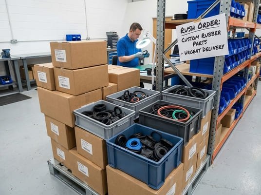 Custom rubber parts prepared for urgent delivery, with bins of seals, gaskets, boxes, and a rush order sign in warehouse storage